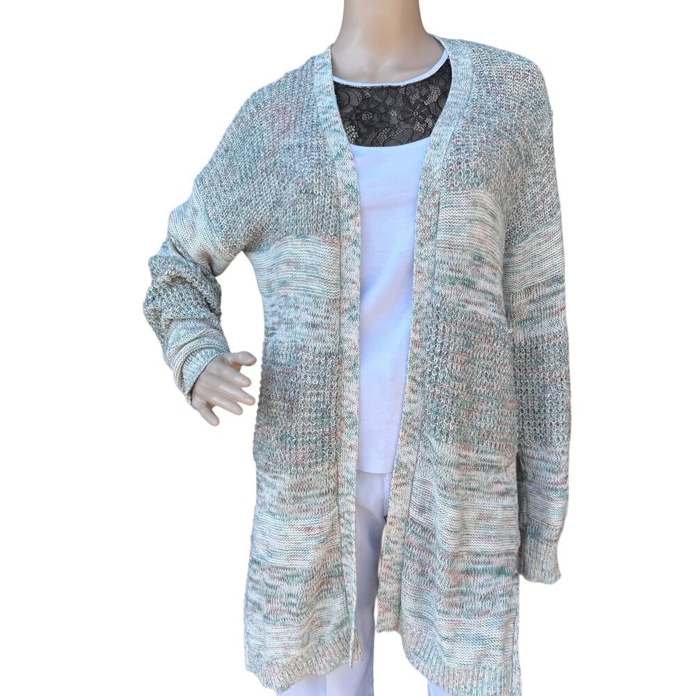 ALYA Heather Blue Grey Knit Open Front Long Duster Cardigan Sweater Size Small